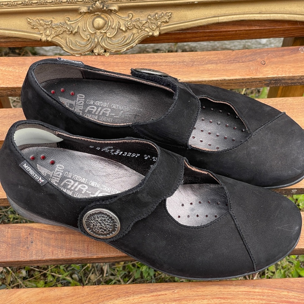 Mephisto ~ Air Jet Mary Jane Flats ~Black Suede Shoes ~ Hook & Loop ~ Sz 8